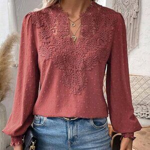 Womens Lace Blouse V-Neck, Ruffle Long Sleeve Shirt, Wine Red
